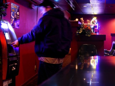 atm, lights, bar, jacket, man, purple, money, withdrawal