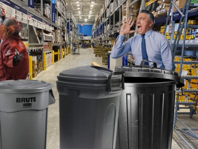 garbage can, plastic, metal, keg, baseball bat, manager, angry, tie, blue