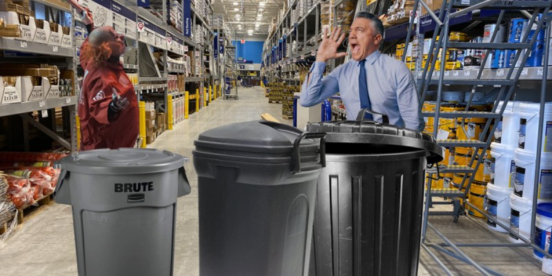 garbage can, plastic, metal, keg, baseball bat, manager, angry, tie, blue
