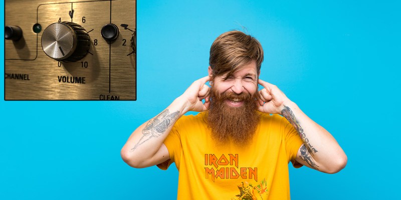 yellow shirt, blue, ginger, beard, amp, volume, guitar, marshal, spinal tap, old, ears