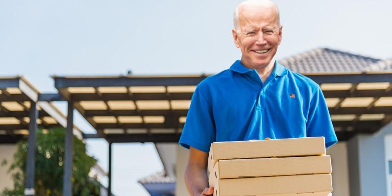 pizza, box, blue shirt, biden, awning, outside, move, labor, old fashioned