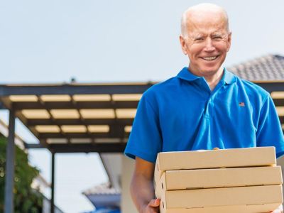 pizza, box, blue shirt, biden, awning, outside, move, labor, old fashioned