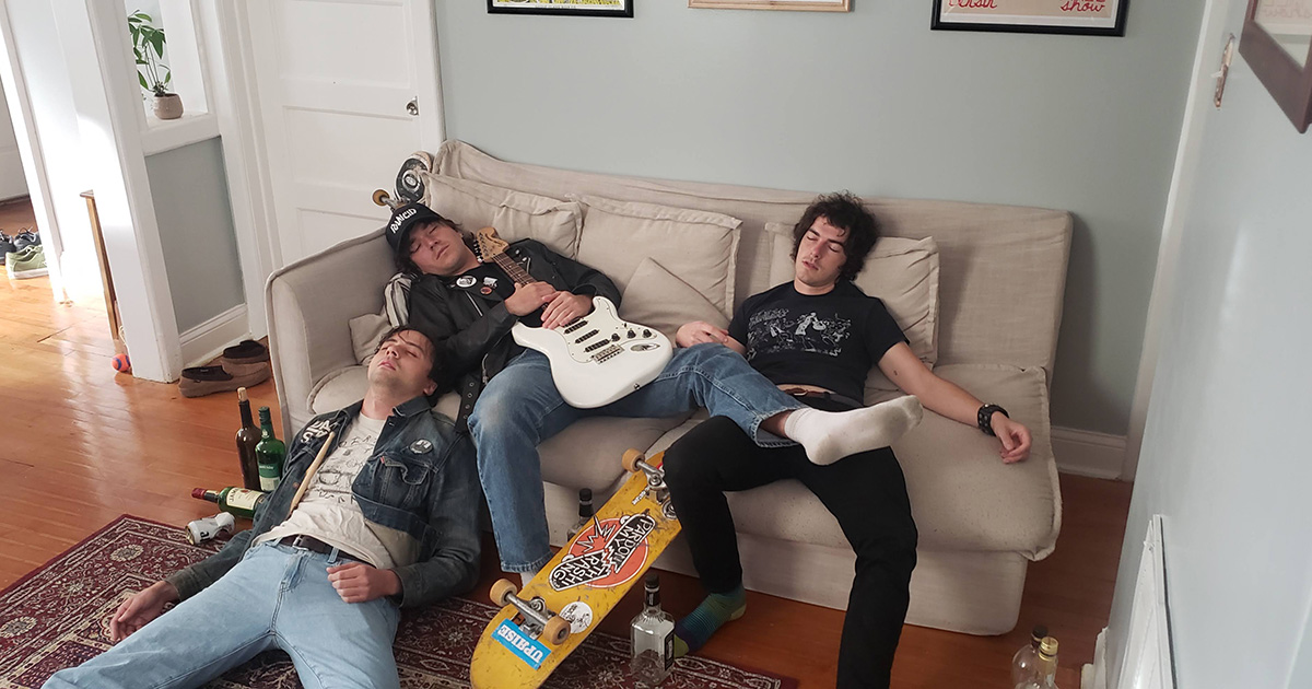 gas leak, guitar, skateboard, leather, dead, sleep, white noise, punk house, dirty, scary