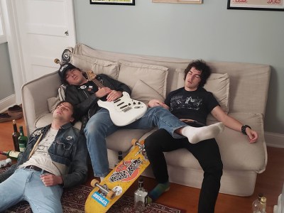 gas leak, guitar, skateboard, leather, dead, sleep, white noise, punk house, dirty, scary