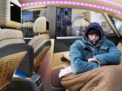 car, led lights, cold, blankets, tv, hoodie, homeless, fancy, plush