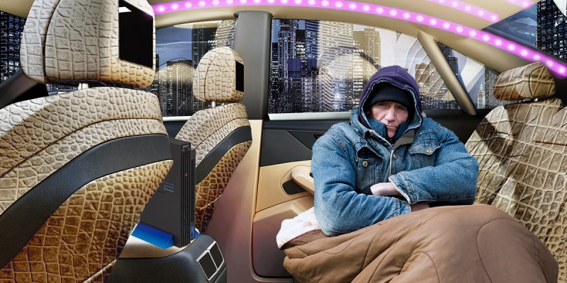 car, led lights, cold, blankets, tv, hoodie, homeless, fancy, plush