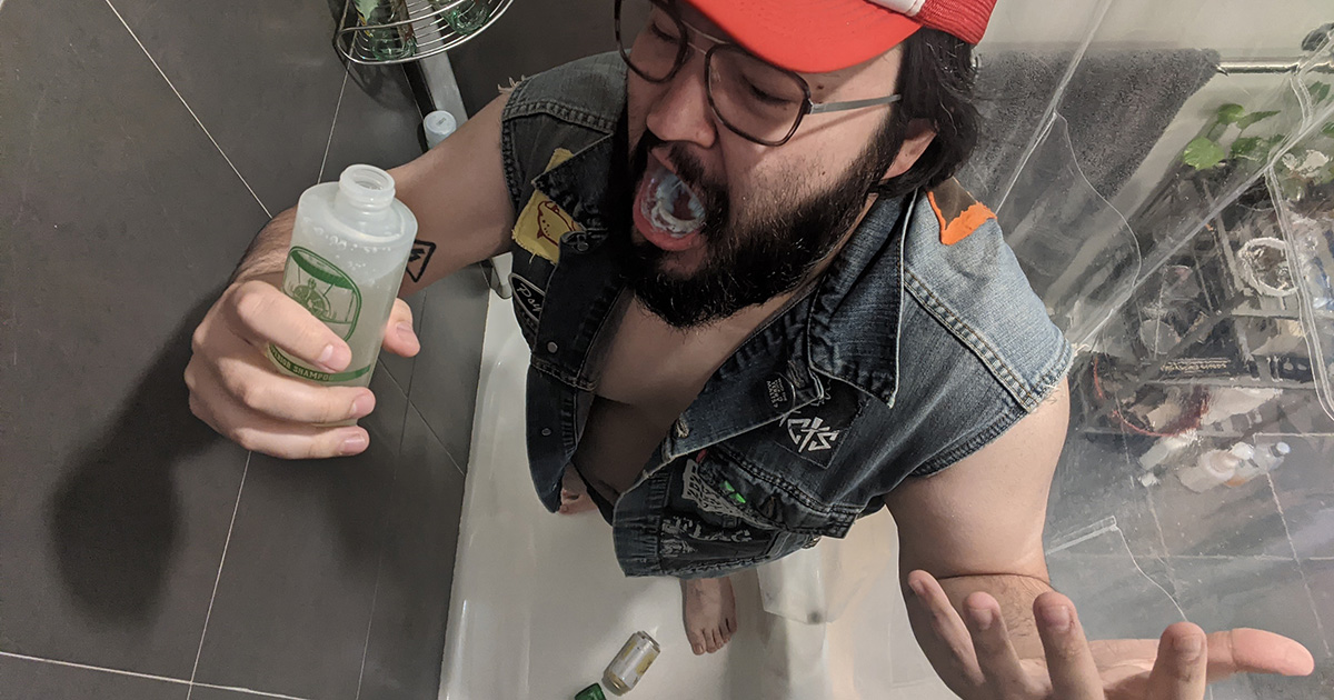 shower, hat, red, vest, denim, shampoo, chug, gross, soap, mistake