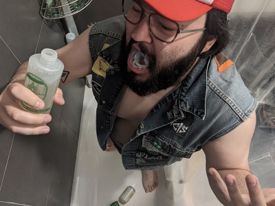 shower, hat, red, vest, denim, shampoo, chug, gross, soap, mistake