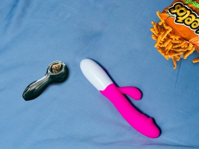 dildo, pink, Cheetos, weed, bowl, orange, blue, white, vibrator