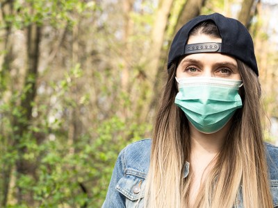girlfriend, hat, hair, straight, brown, mask, blue, woods, outside, jean jacket, cool, badass