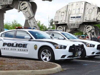 police, car, AT-AT, cannons, laser, old, decommission, military, parking lot