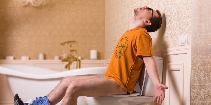 gross, water, toilet, poop, orange shirt, tub, bathroom, piss, pee