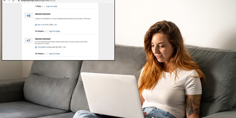 computer, girl, tattoo, brown hair, highlights, white room, song meanings, website, blog, opinion, couch