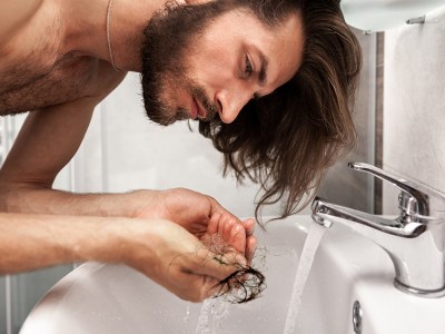 bald, hair, long, falling out, brown hair, beard, bathroom, messy, sad, stress