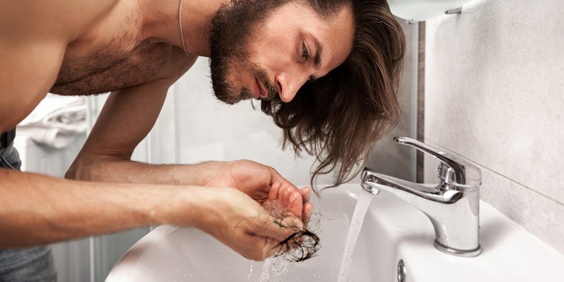 bald, hair, long, falling out, brown hair, beard, bathroom, messy, sad, stress