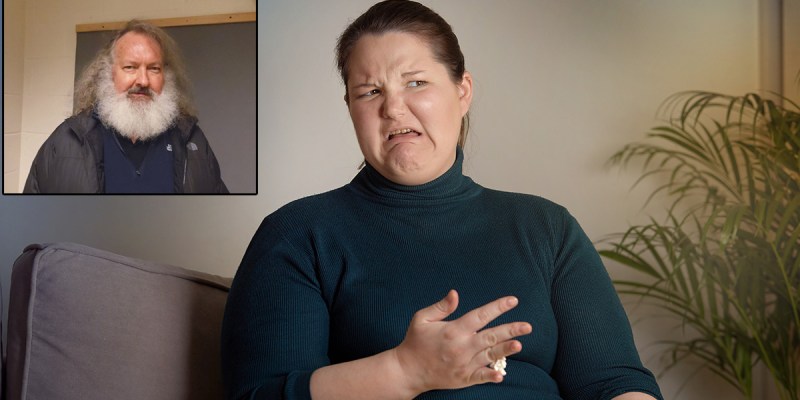 movie, sweater, green, woman, beard, white, old, talking, hand, gray, monotone, fat, chunky, pudgy