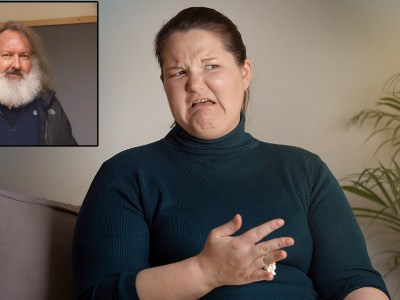 movie, sweater, green, woman, beard, white, old, talking, hand, gray, monotone, fat, chunky, pudgy