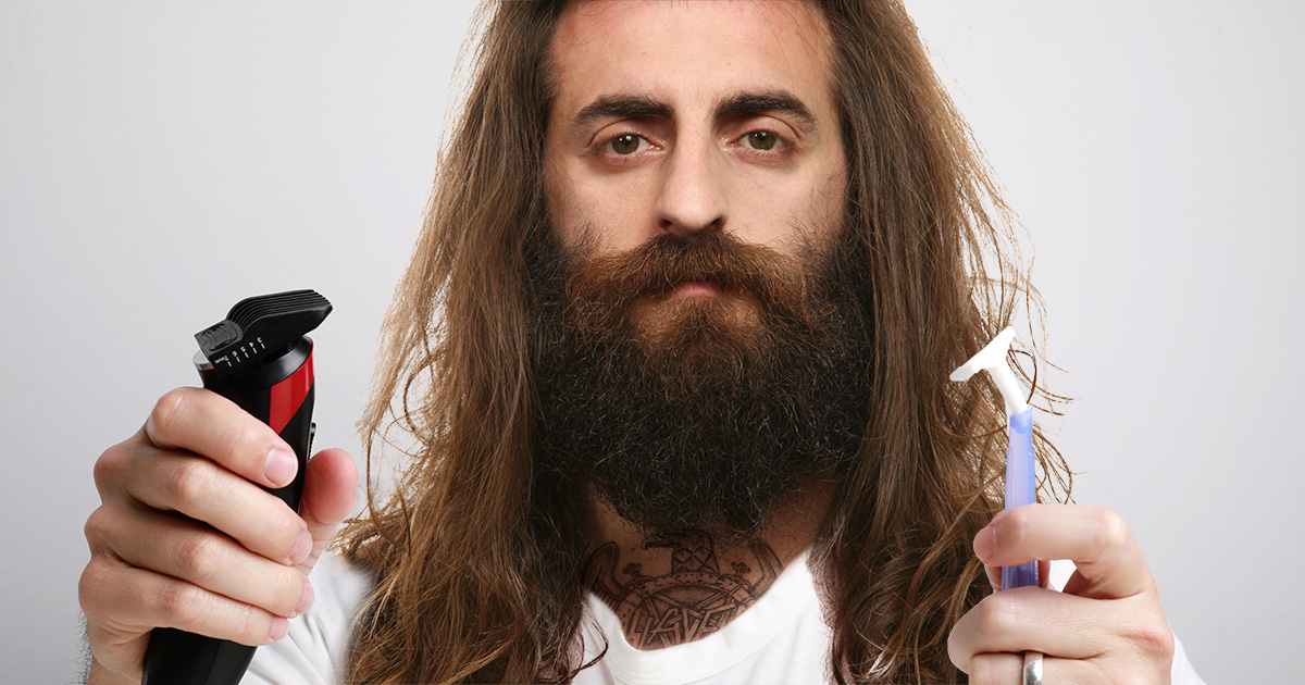 beard, metal, grow, shave, brown hair, fluffy, greasy, gross, razor, white shirt, white guy, dad
