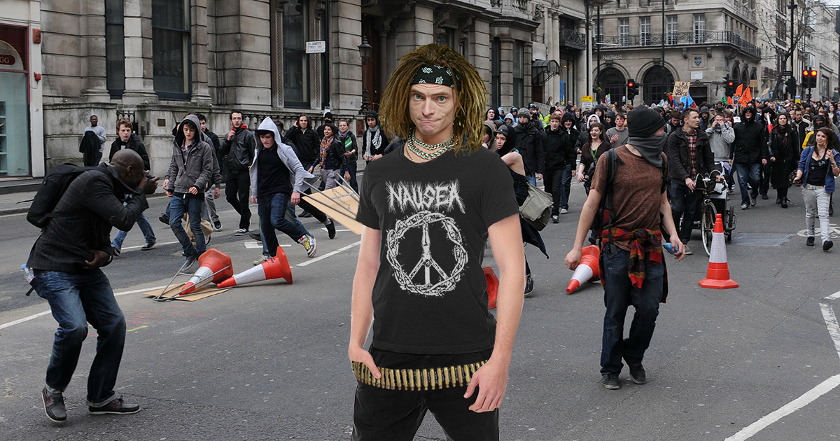 black shirt, crusty, gross, bullets, belt, bullet belt, peace, shirt, hair, brown, dirty, riot