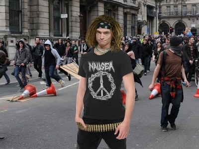 black shirt, crusty, gross, bullets, belt, bullet belt, peace, shirt, hair, brown, dirty, riot