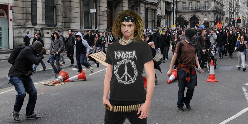 black shirt, crusty, gross, bullets, belt, bullet belt, peace, shirt, hair, brown, dirty, riot