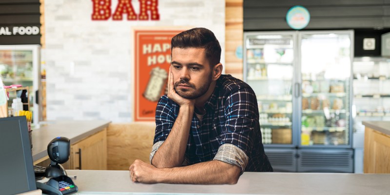 bar, bartender, supermarket, weird, plaid, flannel, sleeves, rolled up, sad, depressed, store, groceries