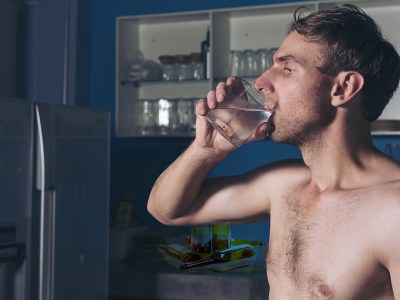 water, glass, shirtless, white guy, skinny, hairy, fridge, cold, glass, drink, late, night, bed, sip