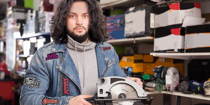 saw, fingers, cut, blade, sharp, circular saw, long hair, fancy, turtleneck, handsome, weird, crazy, obsessed, cover band