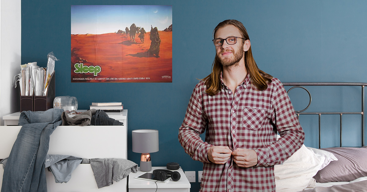 long hair, glasses, sleep poster, blue room, pot, pothead, messy, messy room, gross, disorderly, late