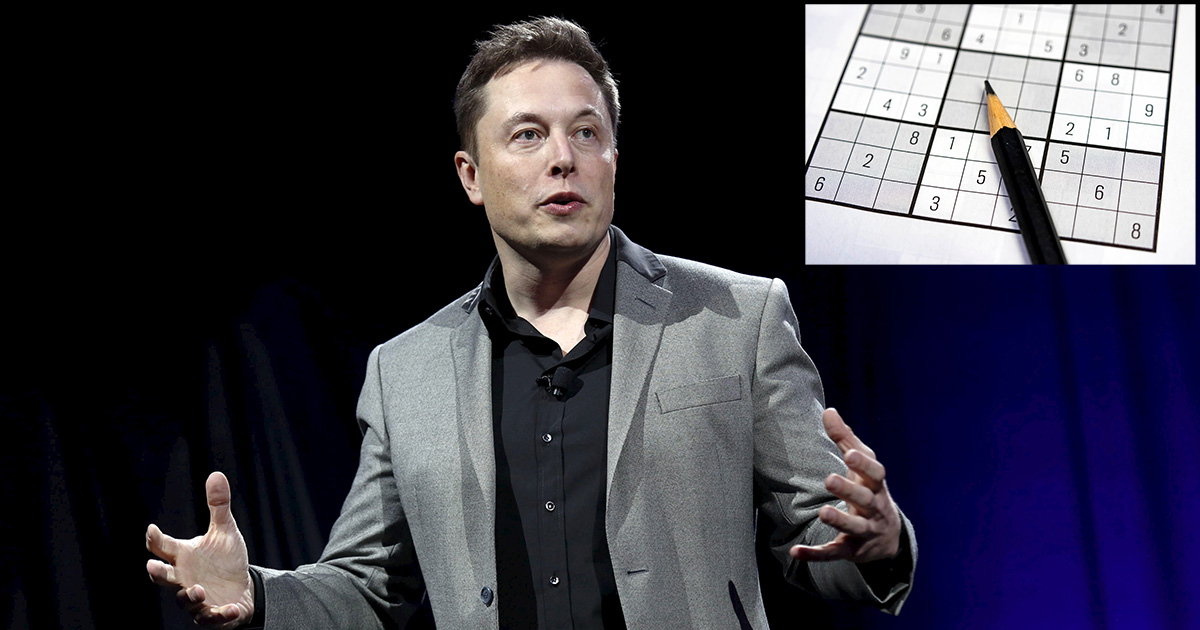 sudoku, elon musk, excited, white, handsome, forehead, big, weird, creepy, smart, genius, puzzle