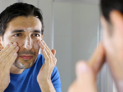 man, washing face, soap