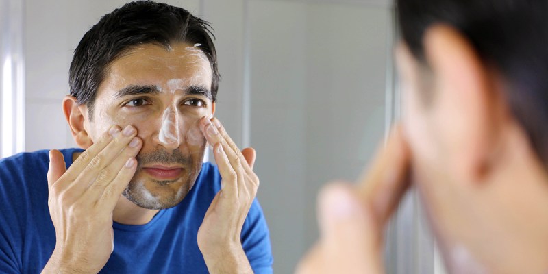 man, washing face, soap