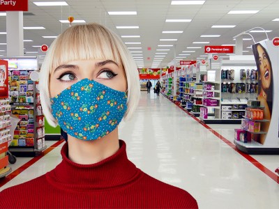 bangs, blonde, dumb, red shirt, turtle neck, target, music, mask, blue mask, shopping, old, poser, annoying, speakers, loud