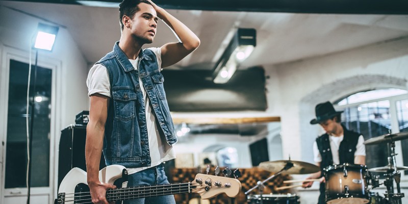 bassist, punk, stupid, dull, strings, two, extra, frets, denim jacket, tattoo, dumb, practice, rehearse, sad