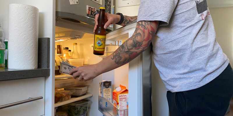 fridge, tattoo, forearm, beer, piss, gross, drunk, expensive, snacks, beverage, drink, cap, bottle opener, white guy, cheap, concert, recreate, fomo, fear of missing out