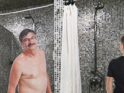 jock, dad, shower