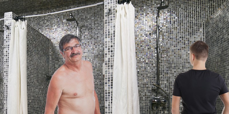 jock, dad, shower