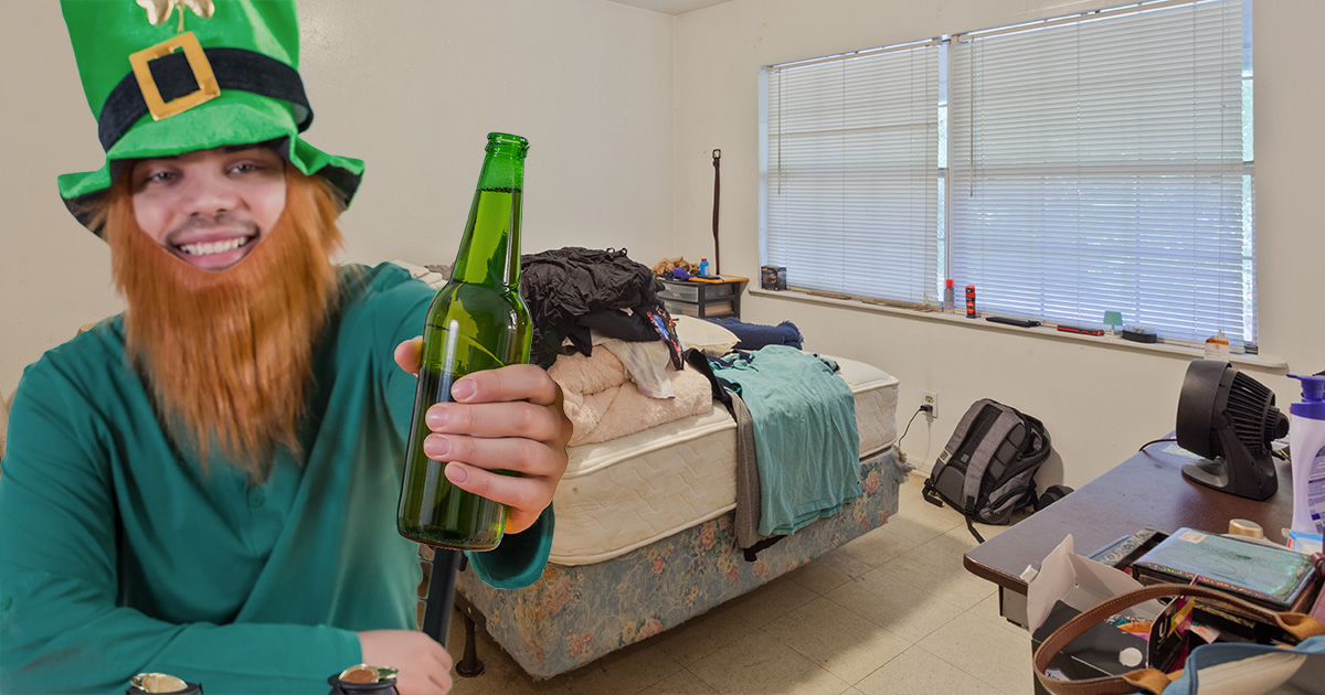 leprechaun, cute, drunk, beer, green, green hat, ginger, beard, messy room, loser, saint patrick's day, mattress, bed made, one bedroom, depressing