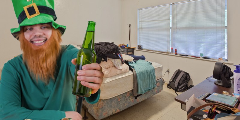 leprechaun, cute, drunk, beer, green, green hat, ginger, beard, messy room, loser, saint patrick's day, mattress, bed made, one bedroom, depressing