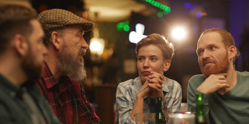 whie men, band, woman