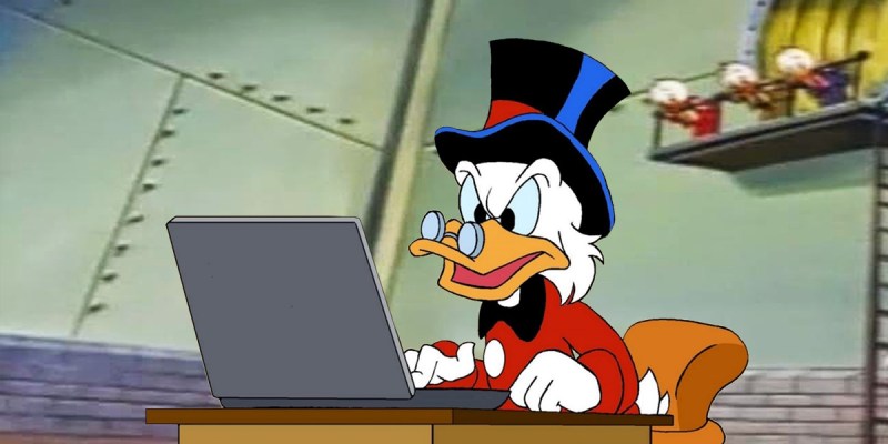 scrooge, bitcoin, pile of money