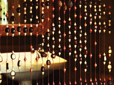 beaded curtain, bathroom, christ