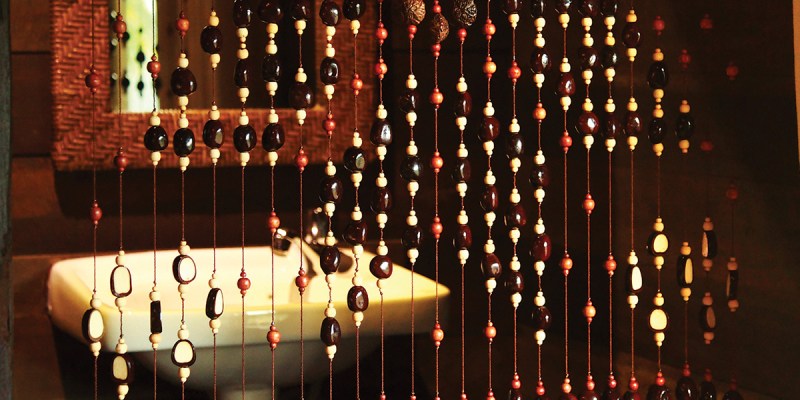 beaded curtain, bathroom, christ