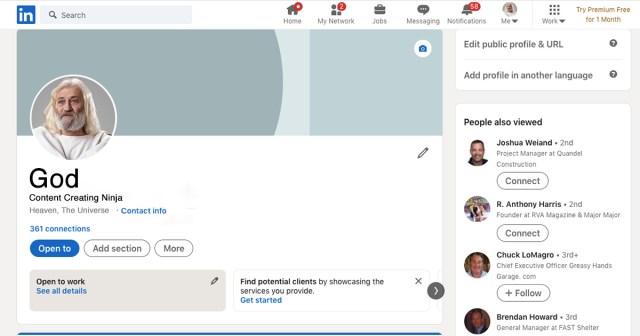 God Updates LinkedIn Title to “Content Creation Ninja”