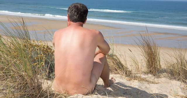 Awkward Man at Nude Beach Not Sure What to Do With Hands, Penis