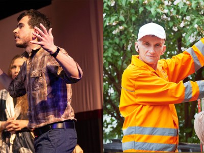 drama, club, punk scene, small town, orange shirt, reflective, garbage truck, actor, musical, play, broadway, stage, lights, curtain