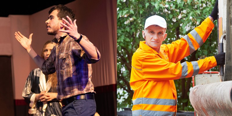 drama, club, punk scene, small town, orange shirt, reflective, garbage truck, actor, musical, play, broadway, stage, lights, curtain