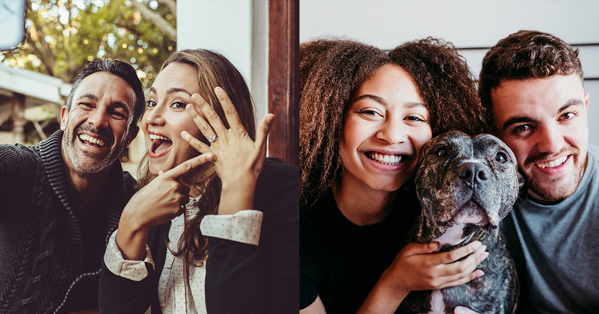 couple, engagement, dog