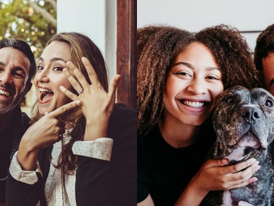 couple, engagement, dog