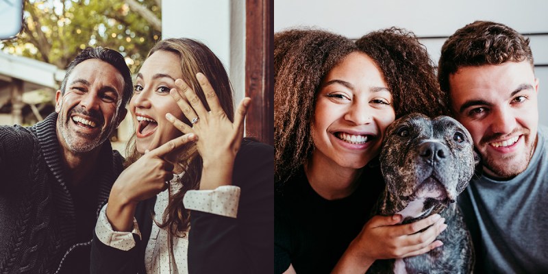 couple, engagement, dog